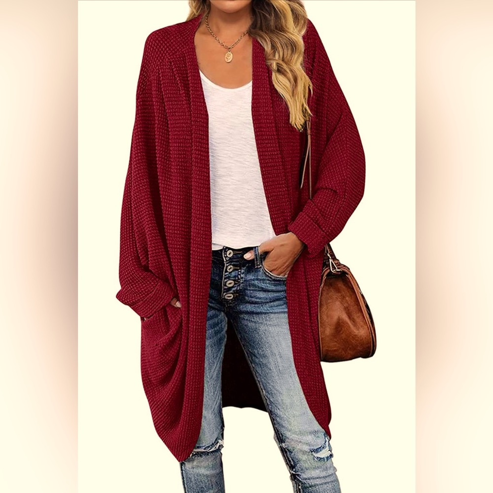 Women's Waffle Knit Long Sleeve Cardigan Loose Open Front Sweater Coat